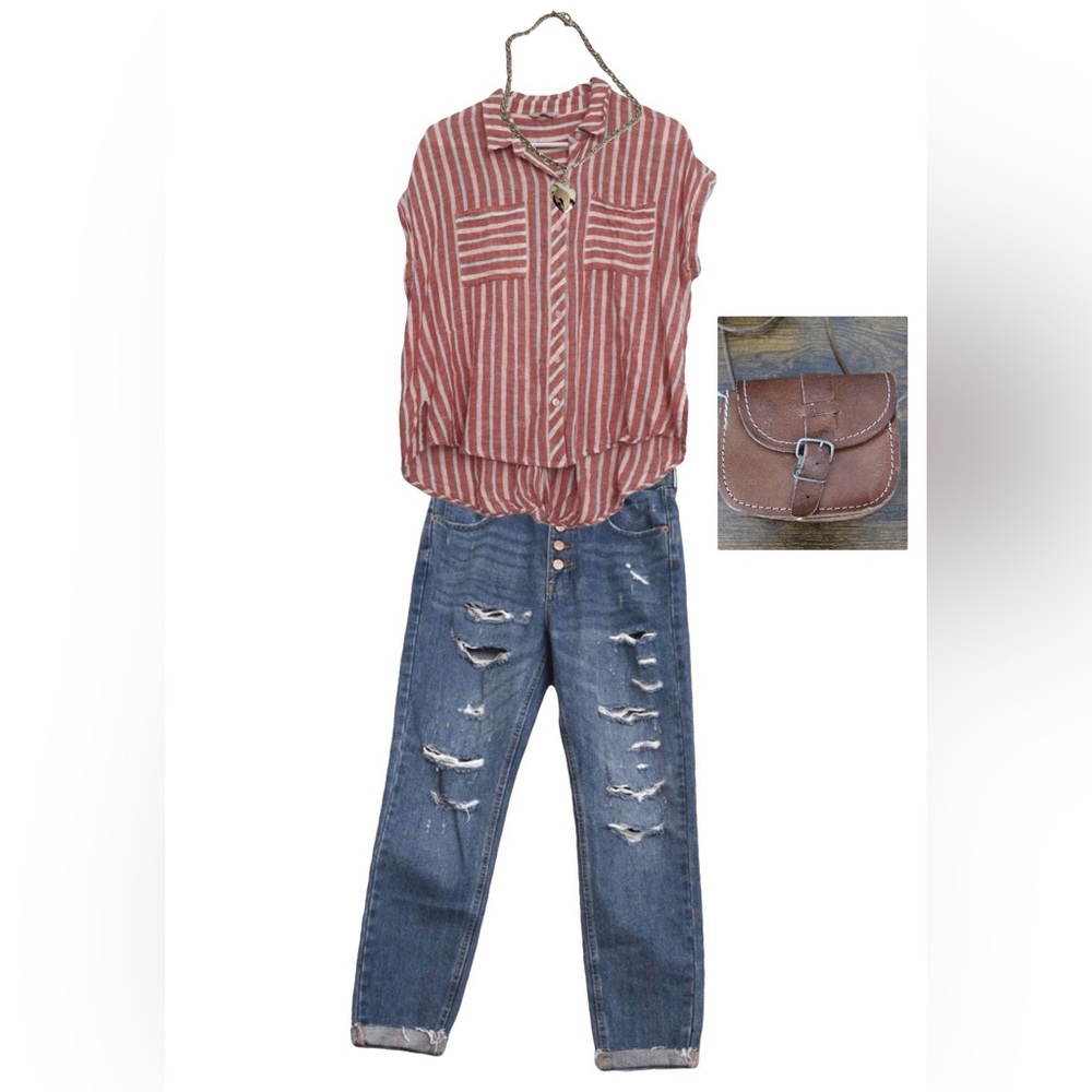 Lucky Brand Striped Button Down Top Split Back Beach Euro Summer Coastal Cowgirl